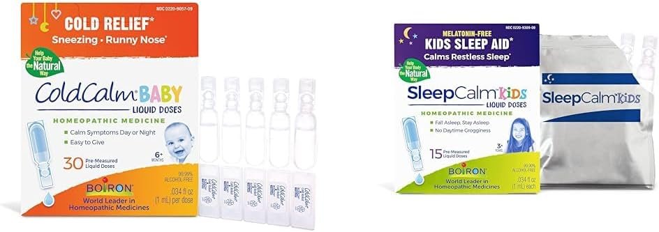 Boiron ColdCalm Baby Single-Use Drops for Cold Symptoms Relief – 30 Count & SleepCalm Kids Liquid Doses Sleep Aid – 15 Count