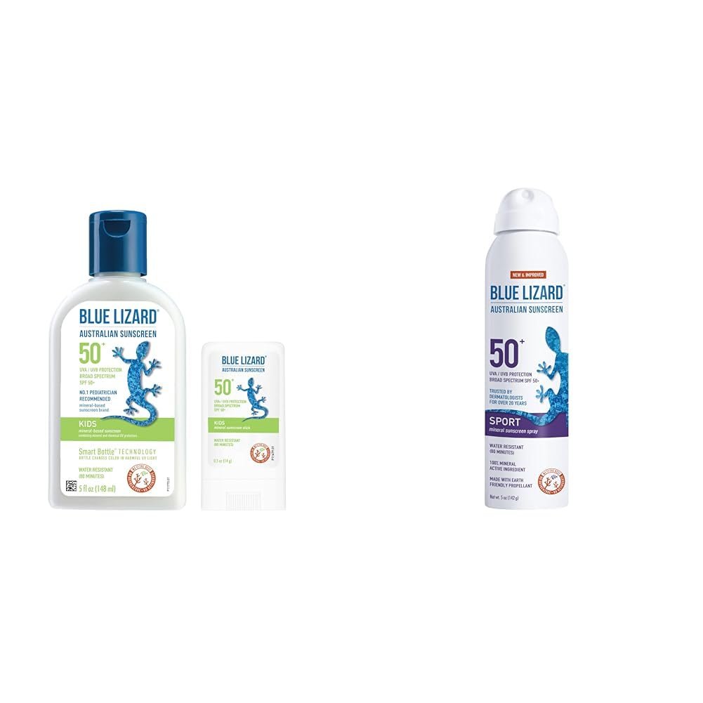 BLUE LIZARD Kids Mineral Sunscreen Lotion & Stick SPF 50+ Bundle with Sport Mineral Spray SPF 50+ Sunscreen