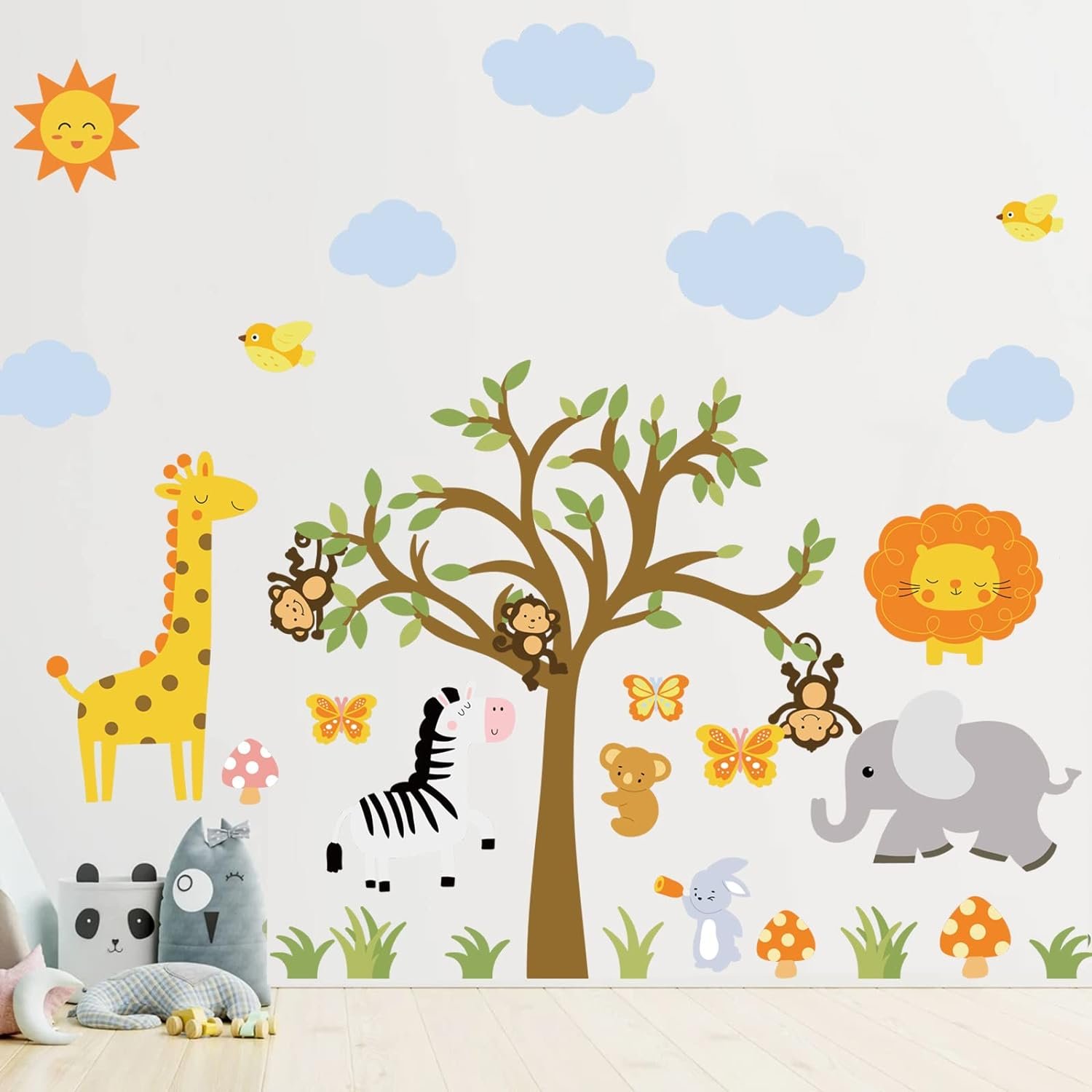 Jungle Animals Wall Stickers Forest Tree Baby Nursery Animals Wall Decals Elephant Lion Zebra Giraffe Wall Stickers Peel and Stick Decals for Baby Nursery Kids Room Daycare Playroom Wall Decor