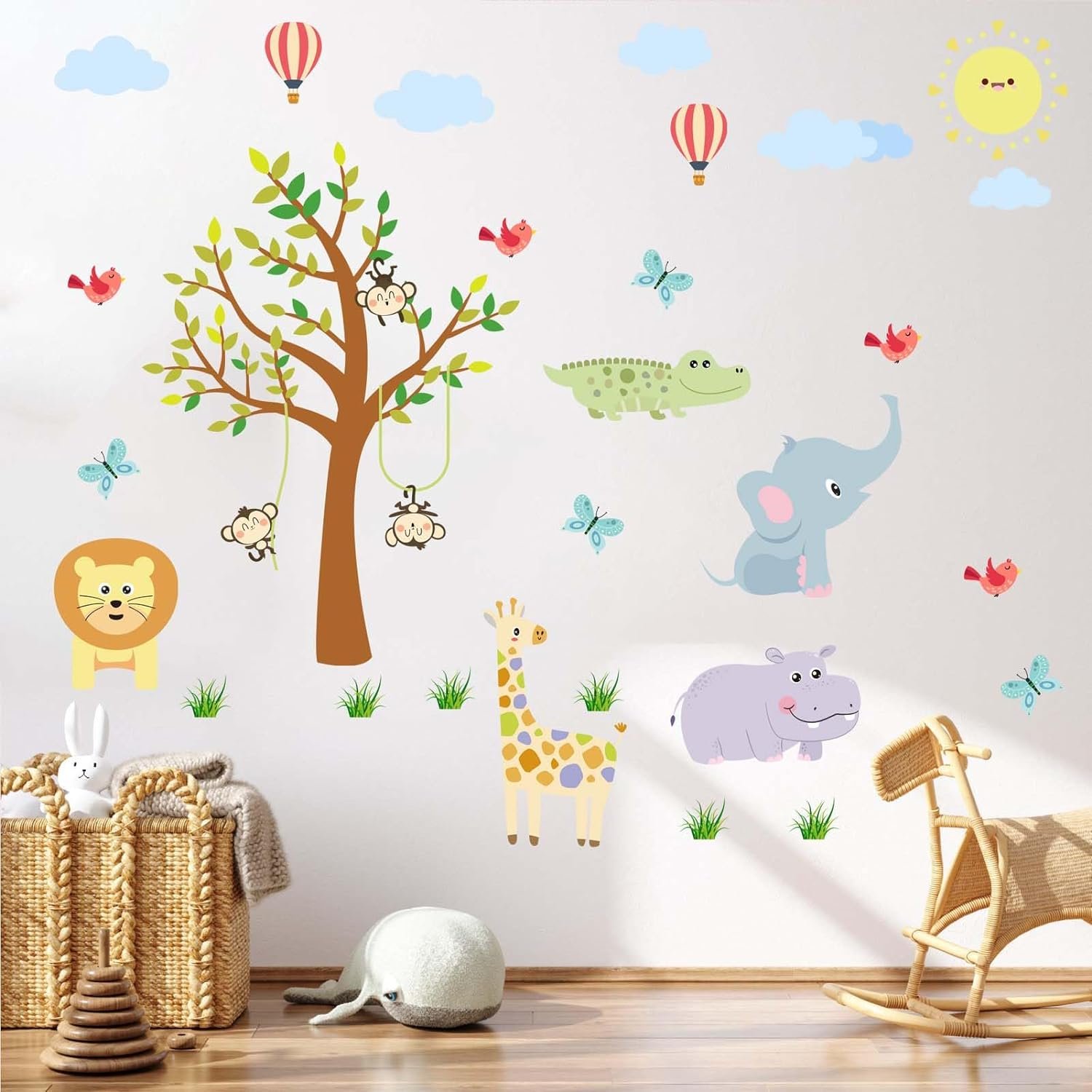 Nursery Baby Animals Wall Stickers – Monkeys Lion Giraffe Hippo Crocodile Forest Animals Wall Decals – Baby Nursery Kids Room Daycare Playroom Classroom Wall Decor