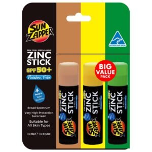 Sun Zapper Zinc Stick Sunscreen 3 Pack – Skin Tone, Green & Gold – SPF 50+ Waterproof Sunblock for Face & Body, Adults, Kids, Baby