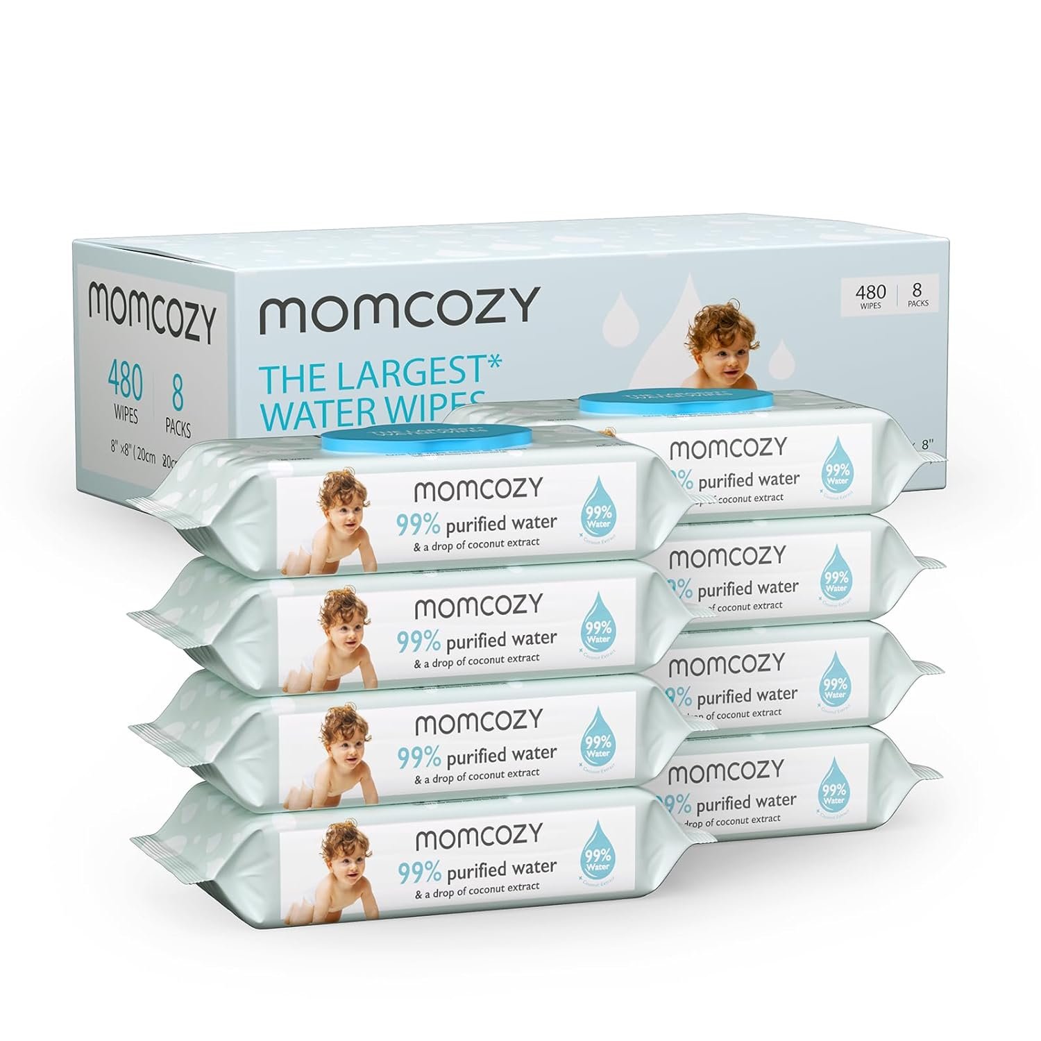 Baby Wipes, Momcozy Water Wipes-Extra Large Size Design, 99% Water Based Wipes & a Drop of Coconut Extract, Unscented & Hypoallergenic for Sensitive Skin, 8 Flip-Top Packs (480 Wipes Total)