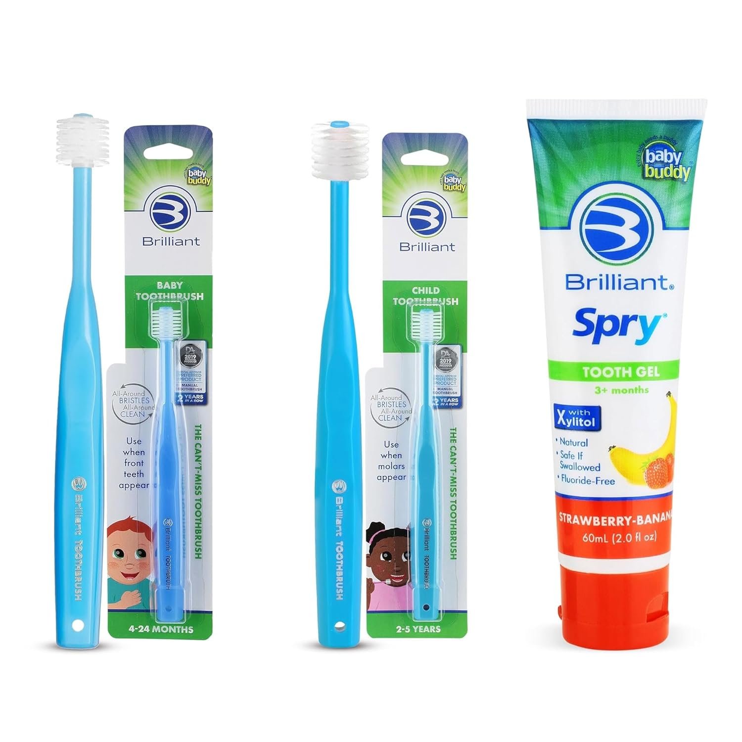 Brilliant Oral Care Bundle; Pack of 1 Baby Toothbrush, Child Toothbrush with Soft Bristles and Round Head & Pack of 1 Kids Fluoride Free Toothpaste, Spry Gel with Xylitol, Strawberry Banana Flavor