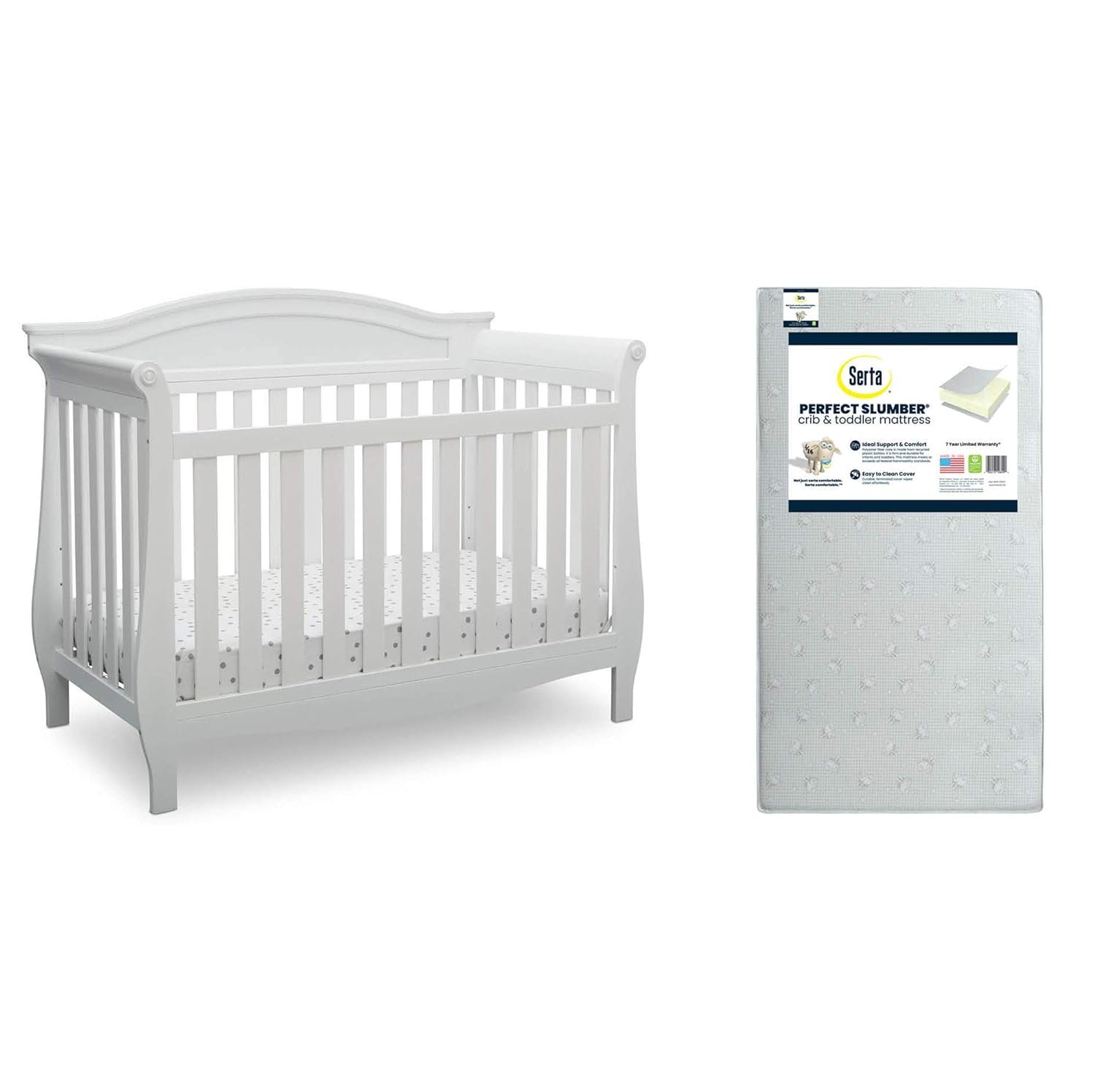 Delta Children Lancaster 4-in-1 Convertible Baby Crib, Bianca White + Serta Perfect Slumber Dual Sided Recycled Fiber Core Crib and Toddler Mattress (Bundle)