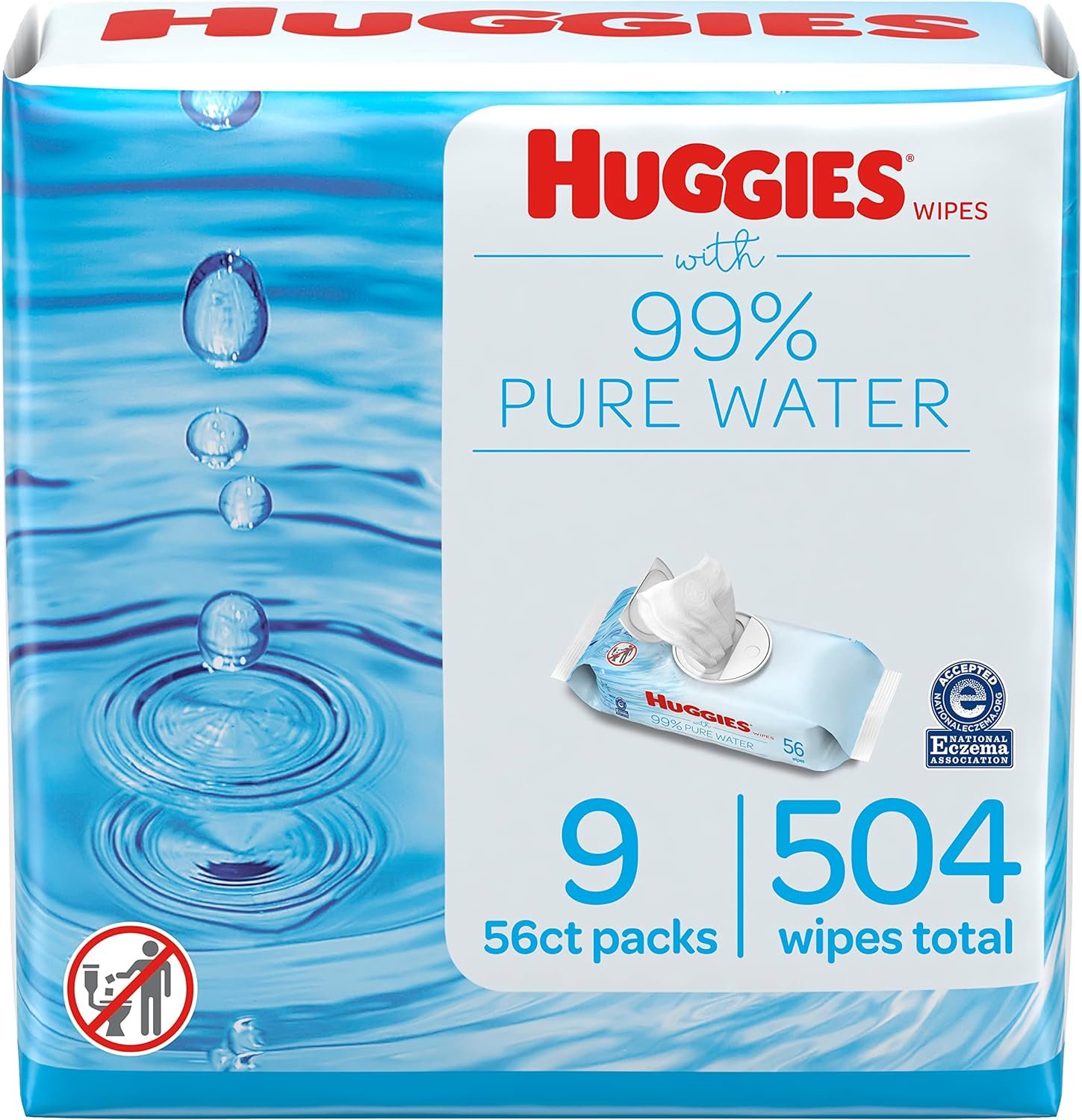 Huggies 99% Pure Water Baby Wipes, Unscented, 9 flip-top packs (3 Packs of 3), 504 Wipes Total, Packaging May Vary